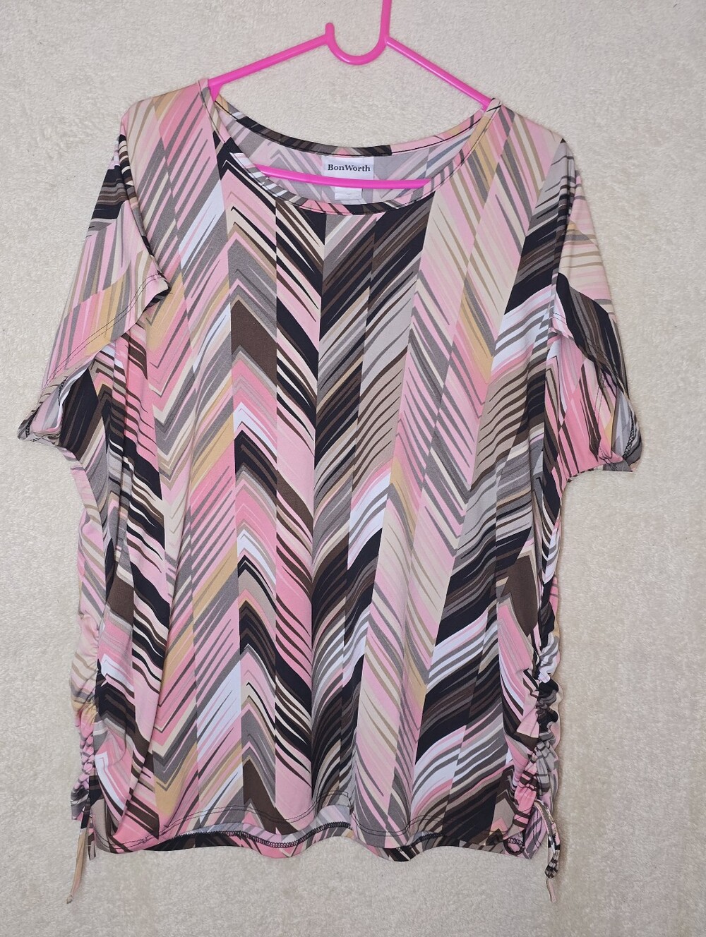 BonWorth Blouse Pink and Brown Chevron Geometric Print Side Detailing Size XLP